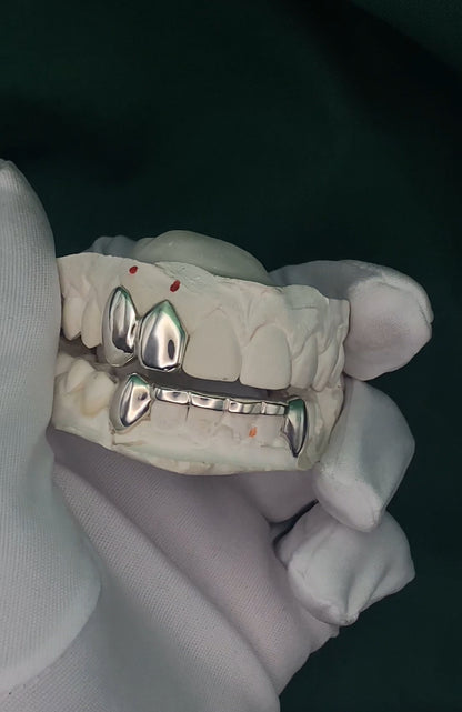 Chomperz set | Twin Caps + 6 Set Bridge | Silver Gold Grillz