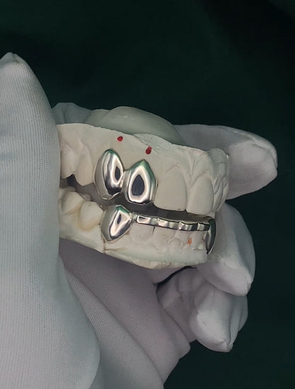 Chomperz set | Twin Caps + 6 Set Bridge | Silver Gold Grillz