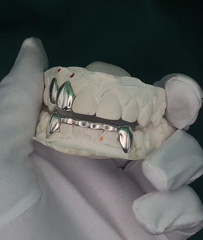 Chomperz set | Twin Caps + 6 Set Bridge | Silver Gold Grillz